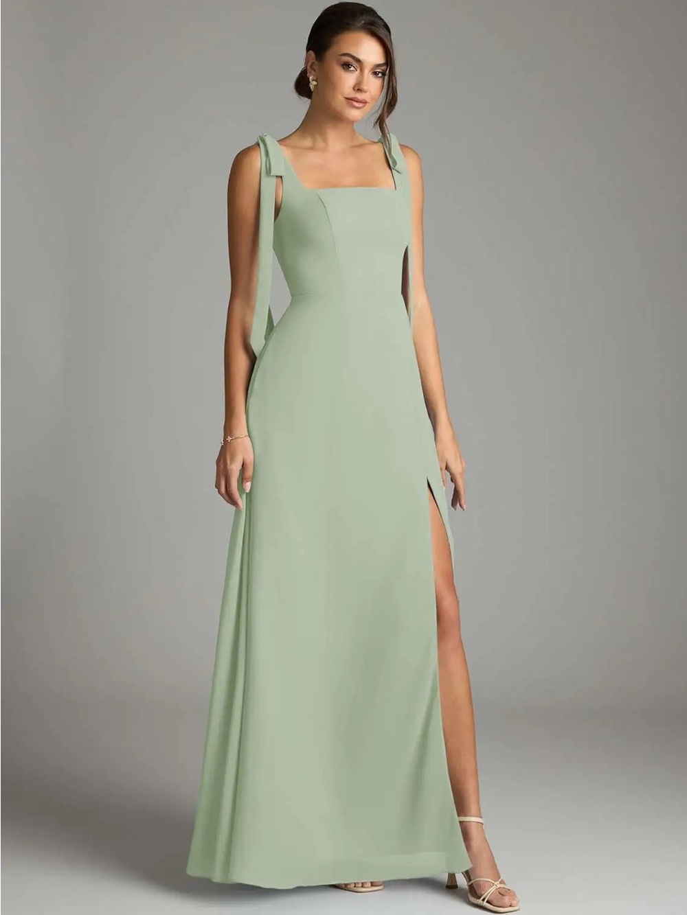 Azazie Dusty Sage Green Square-Neck Tie-Shoulder Prom Gown